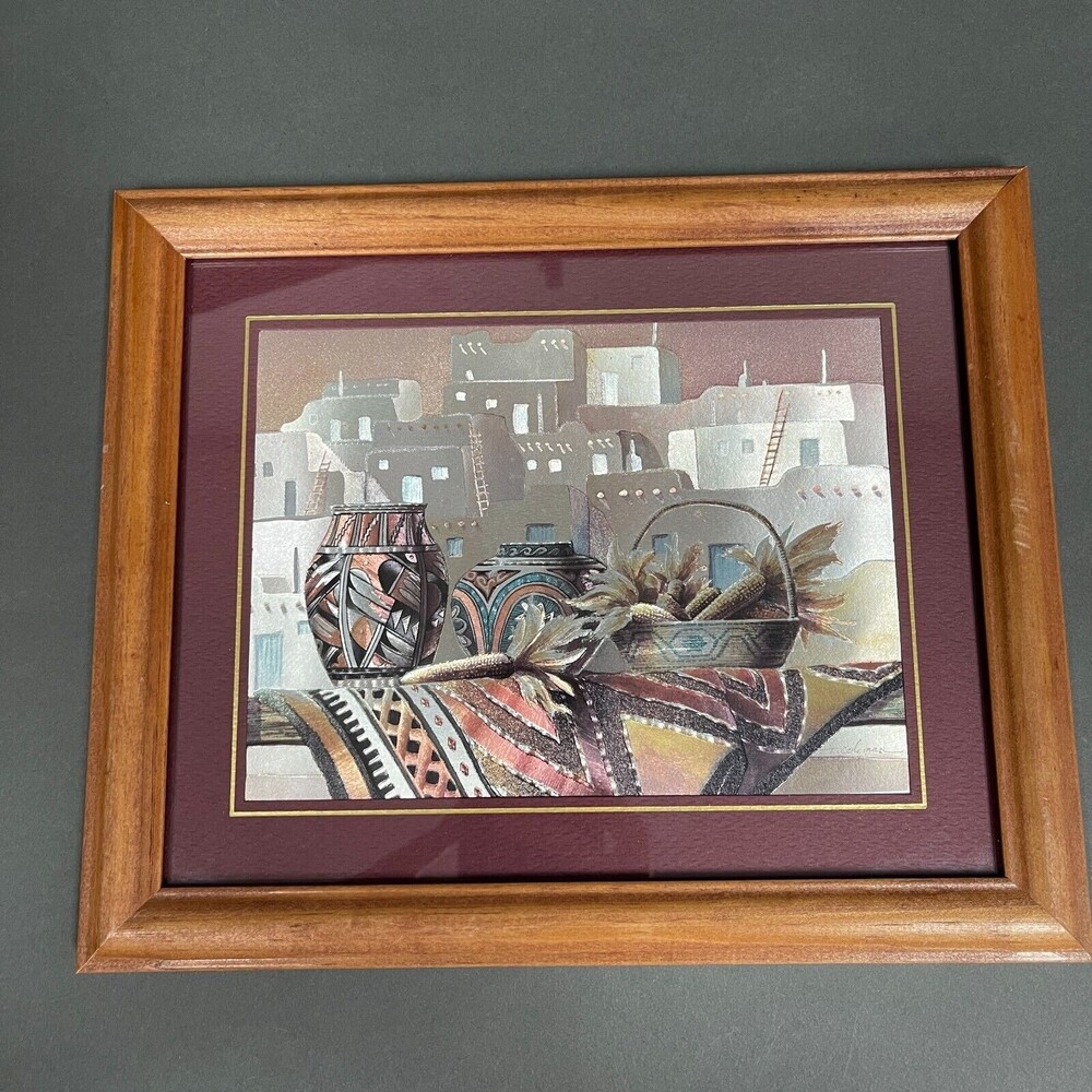 Southwest Style Framed Print Foil Art Adobe‎ Houses Indian Pottery by T Coleman